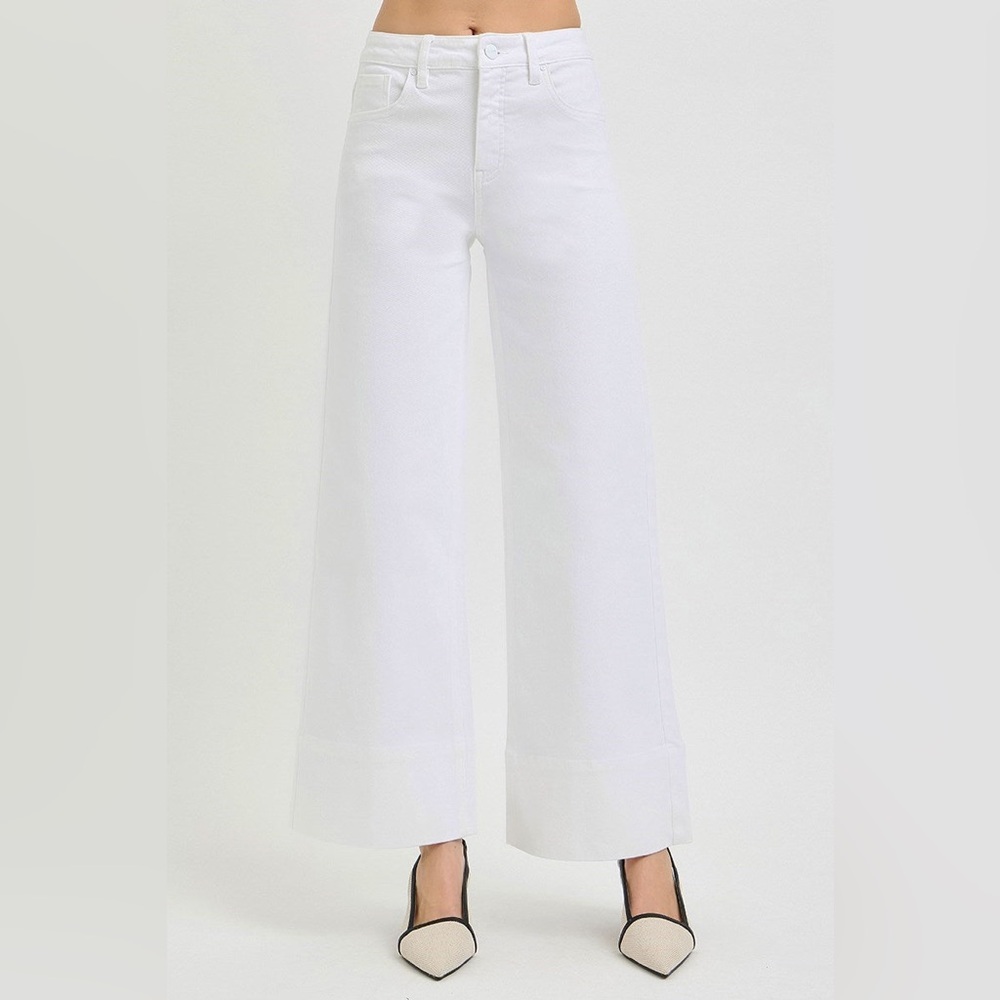 Tummy Control Wide Leg Cropped Jeans with Wide Hem - Risen